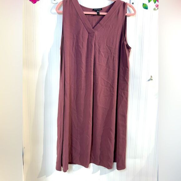Eileen Fisher Silk Georgette Crepe Pleated Dress V-Neck in Dusty Rose Sz L - Picture 2 of 6